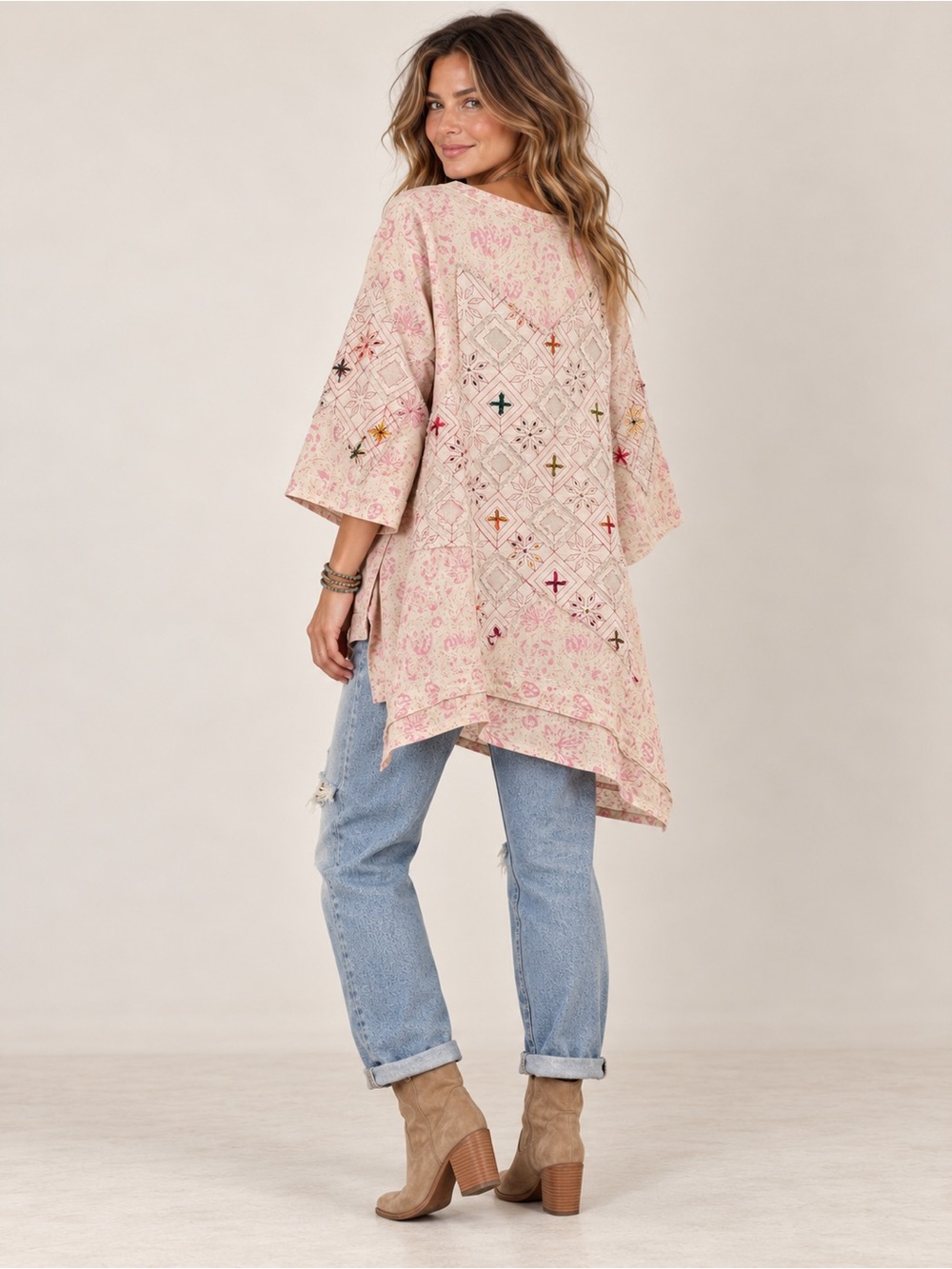 Jaded Gypsy Stars Align Tunic Pink Floral Embroidered High Low Boho Top - Picture 2 of 3